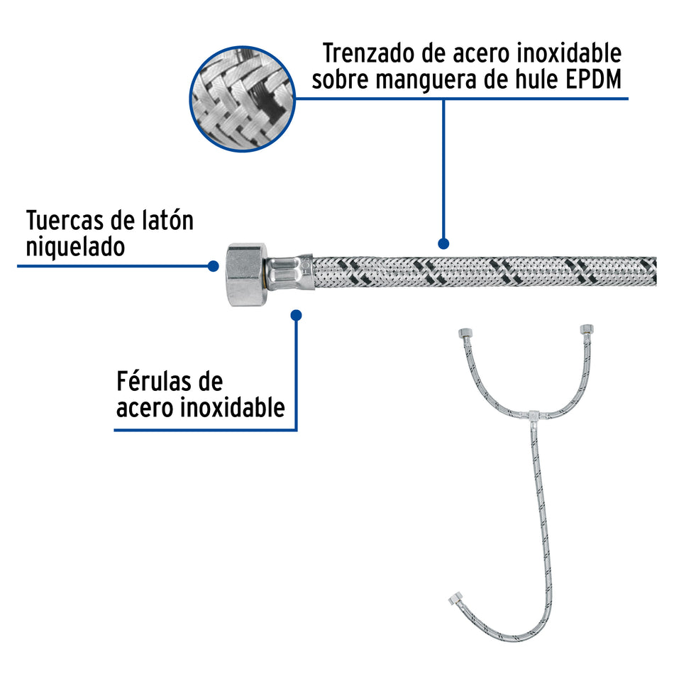 Manguera 'T' lavabo/fregadero,acero inox,3/8'x1/2'x1/2',55cm Caja con 6, 45506