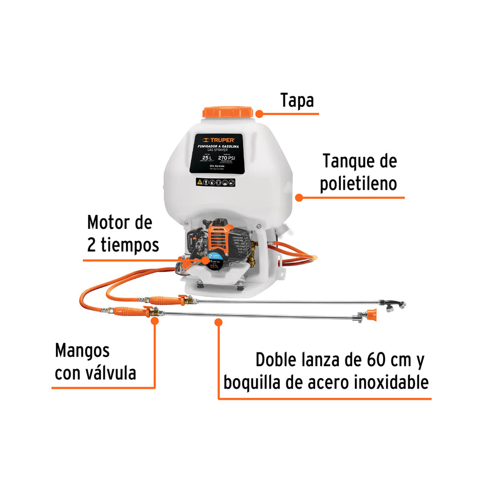 Fumigador de 25 L con motor a gasolina de 2 tiempos, Truper, 101568
