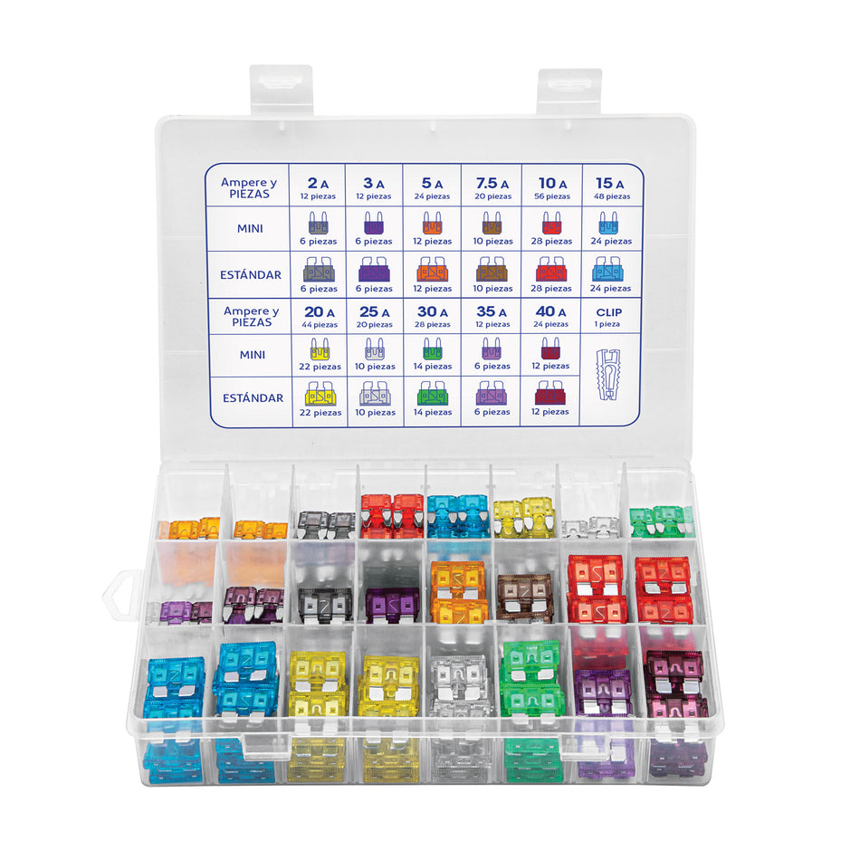 Juego de fusibles automotrices estándar y mini, 300 pz Caja con 4, 48302