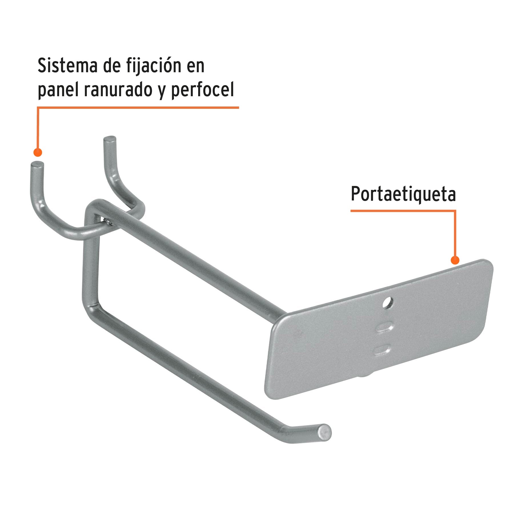 Gancho recto 4' con portaetiqueta para perfocel y ranurado, 50150