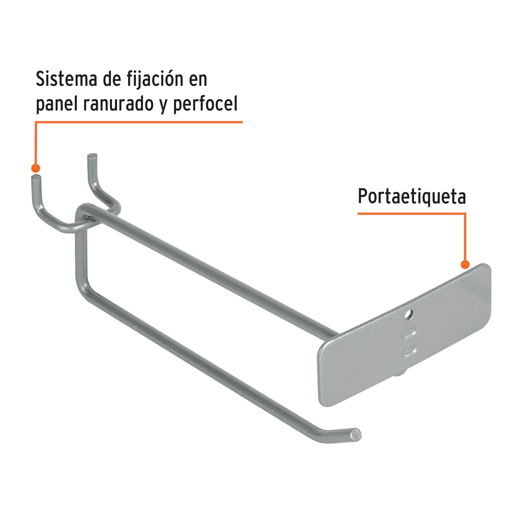 Gancho recto 6' con portaetiqueta para perfocel y ranurado, 50153