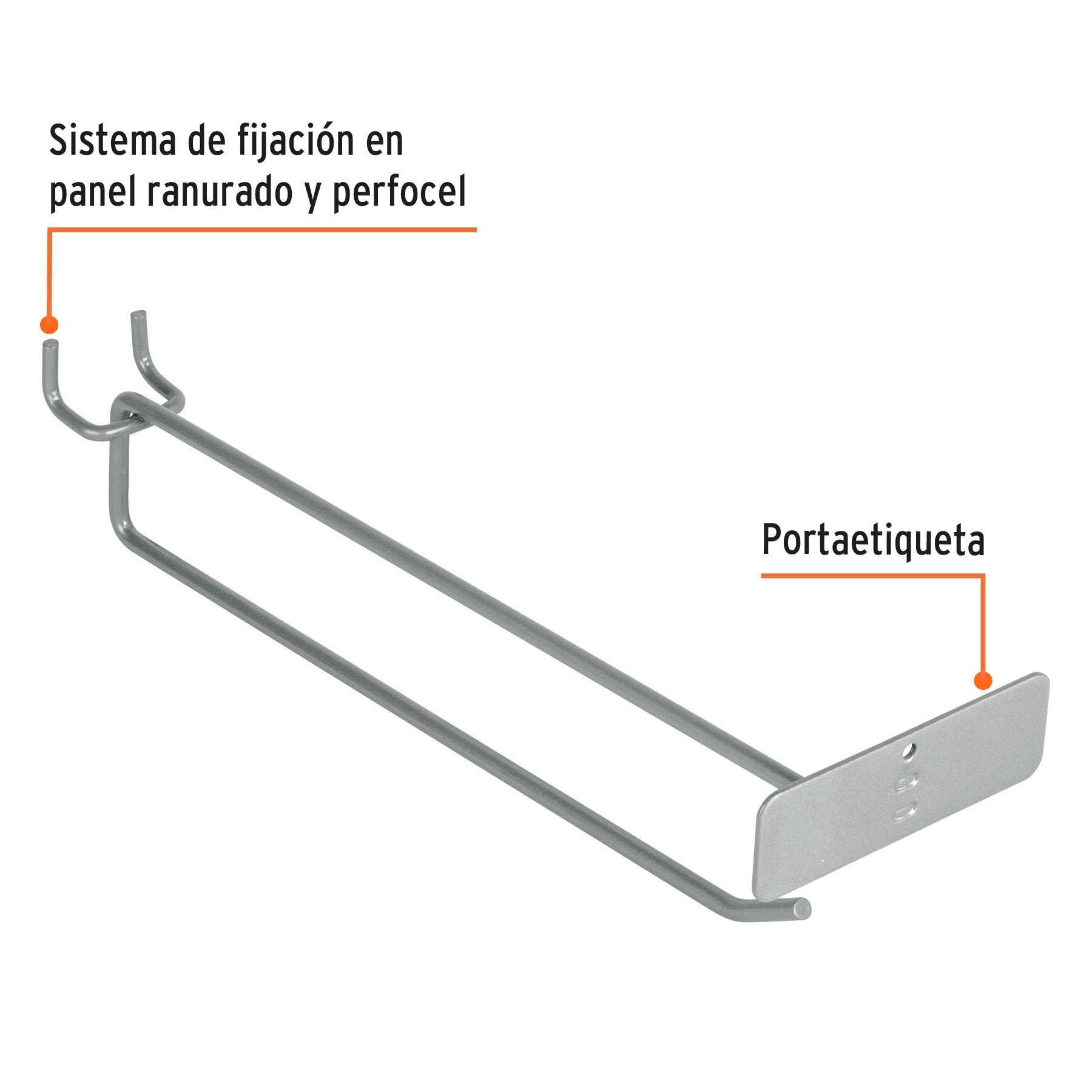 Gancho recto 9' con portaetiqueta para perfocel y ranurado, 50156