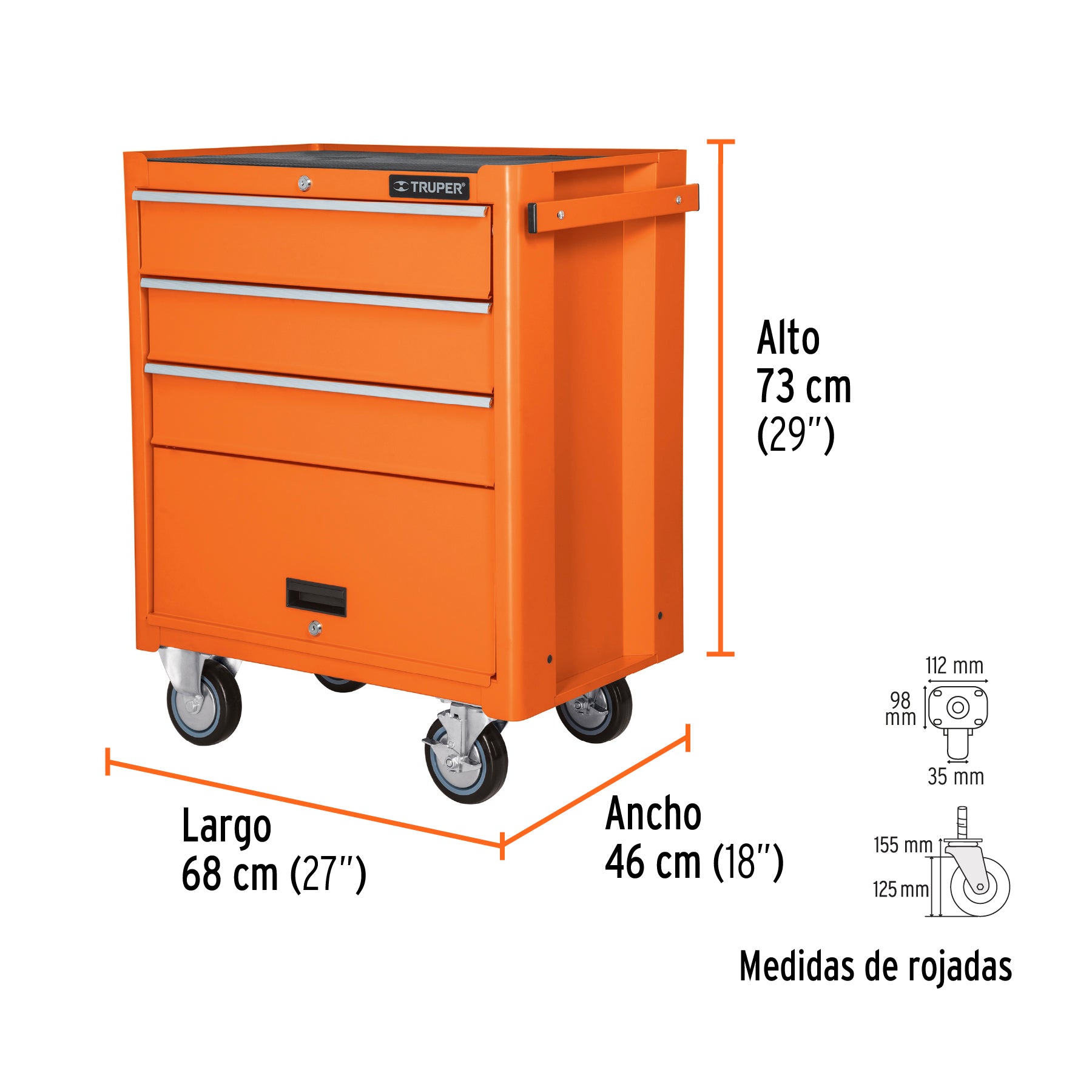 Gabinete metálico móvil, 4 cajones, capacidad 90 kg, Truper, 12066