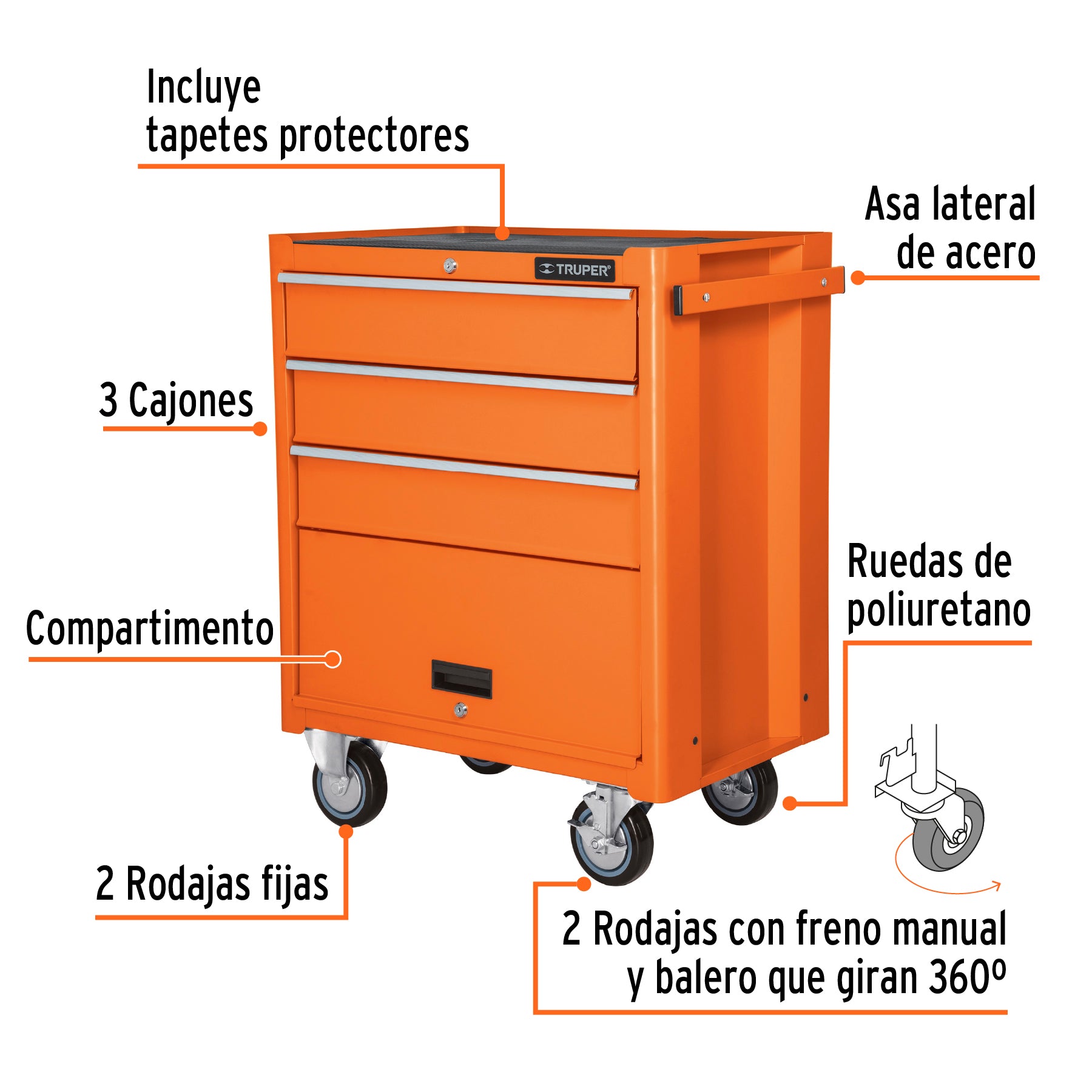 Gabinete metálico móvil, 4 cajones, capacidad 90 kg, Truper, 12066