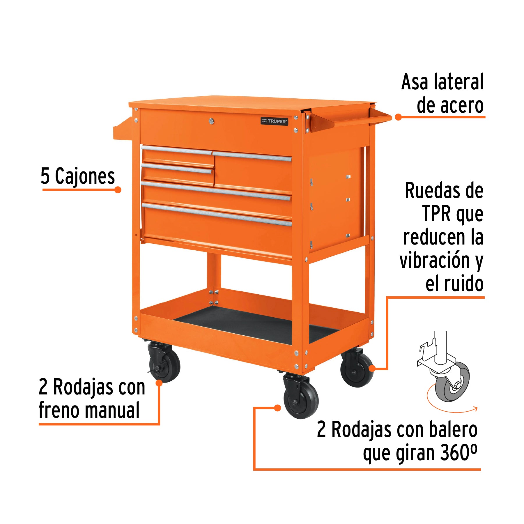 Gabinete metálico móvil, 5 cajones, capacidad 320 kg, Truper, 101733