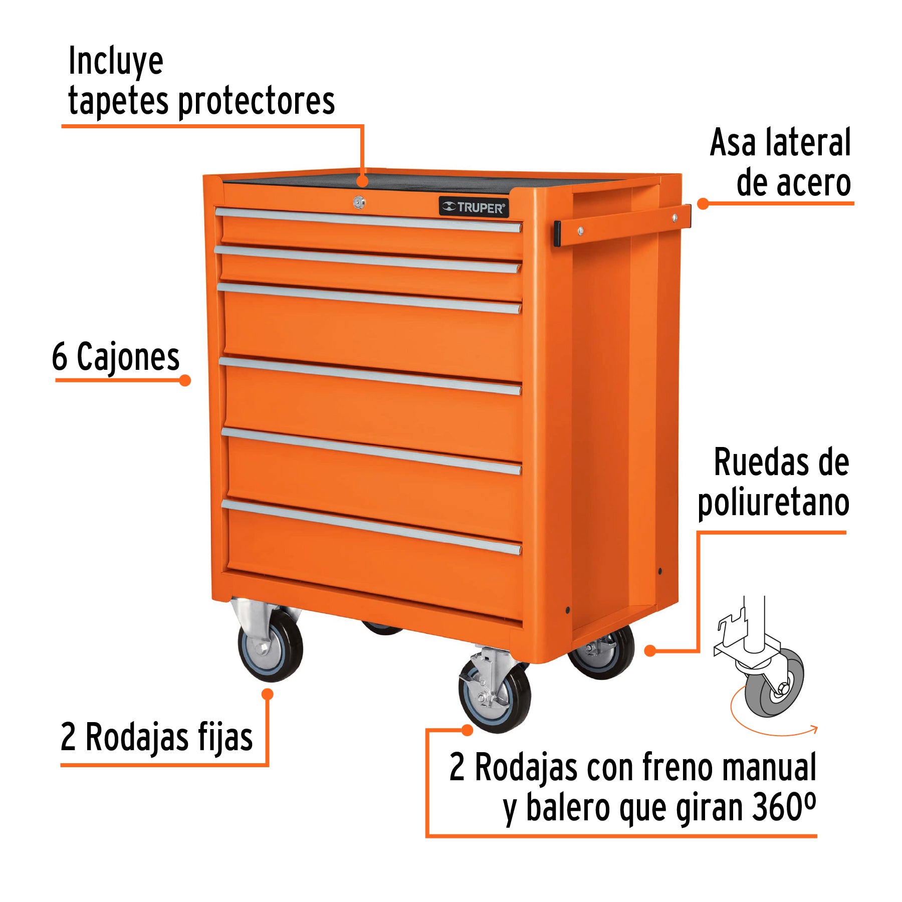 Gabinete metálico móvil, 6 cajones, capacidad 130 kg, Truper, 12067