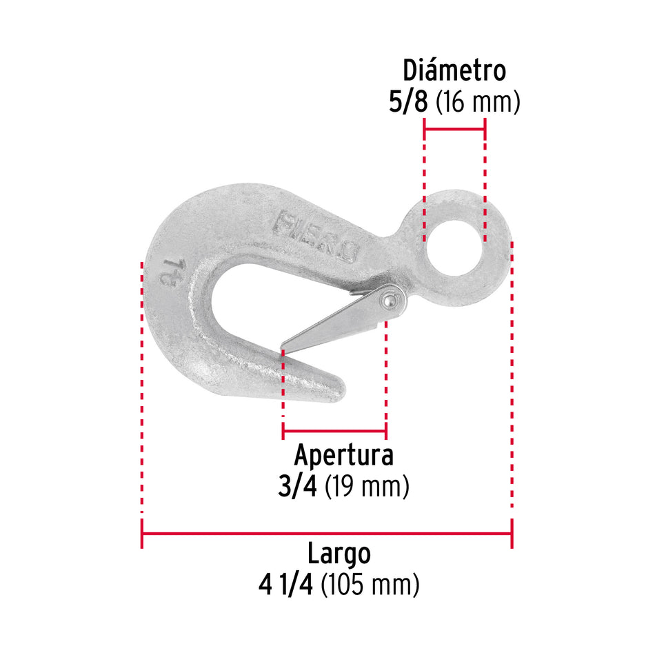 Gancho eslinga de acero forjado 5/8', carga 1000 kg, Fiero Caja con 4, 44076