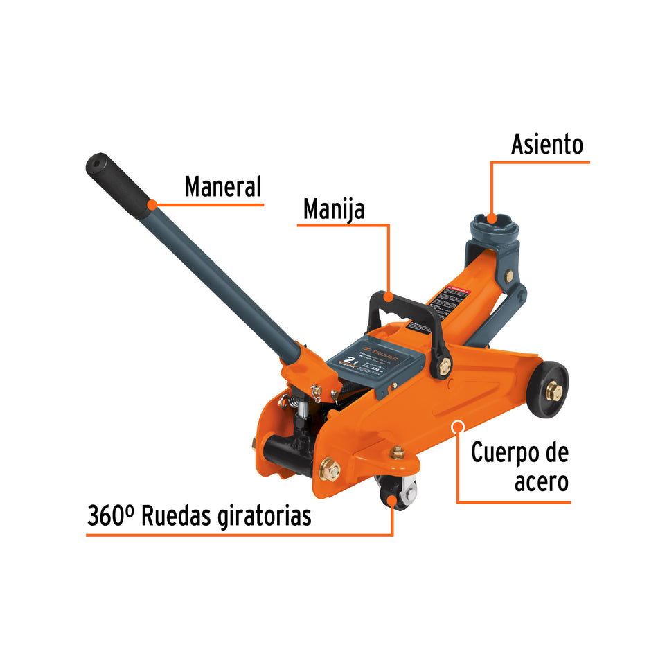 Gato hidráulico de patín 2t, 30 movimientos, maletín, Truper, 14804