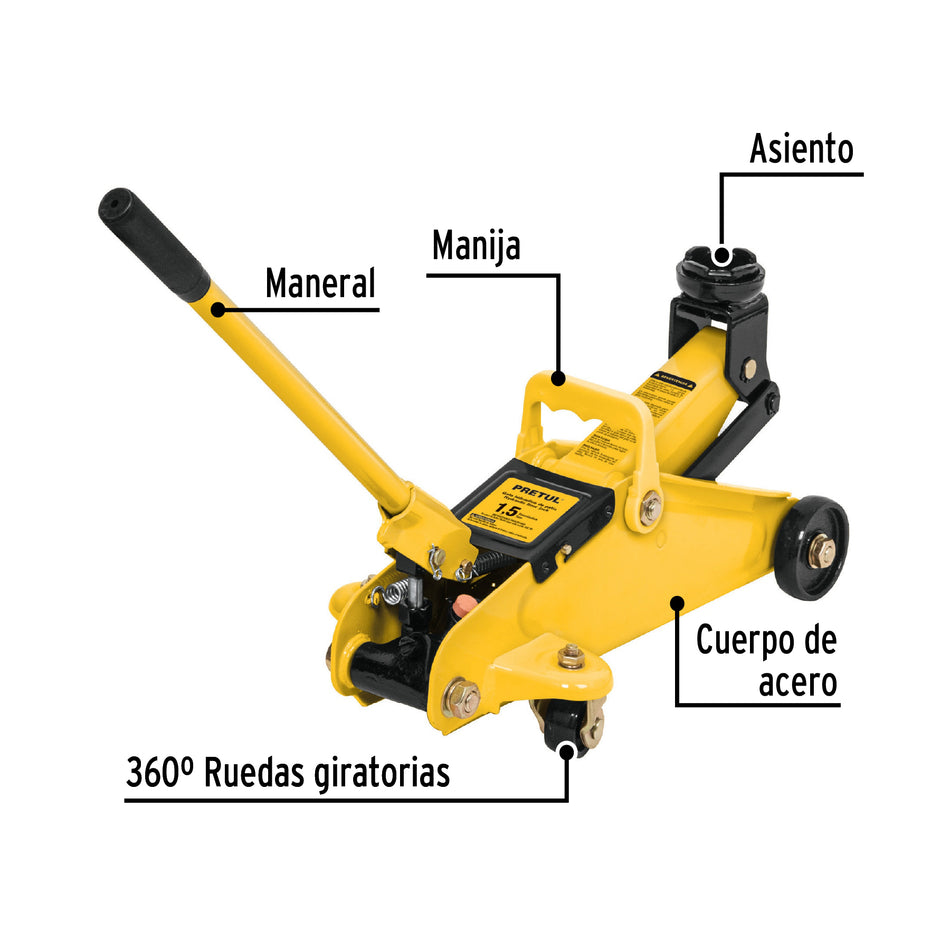 Gato hidráulico de patín 1.5t, 32 movimientos, Pretul, 22070