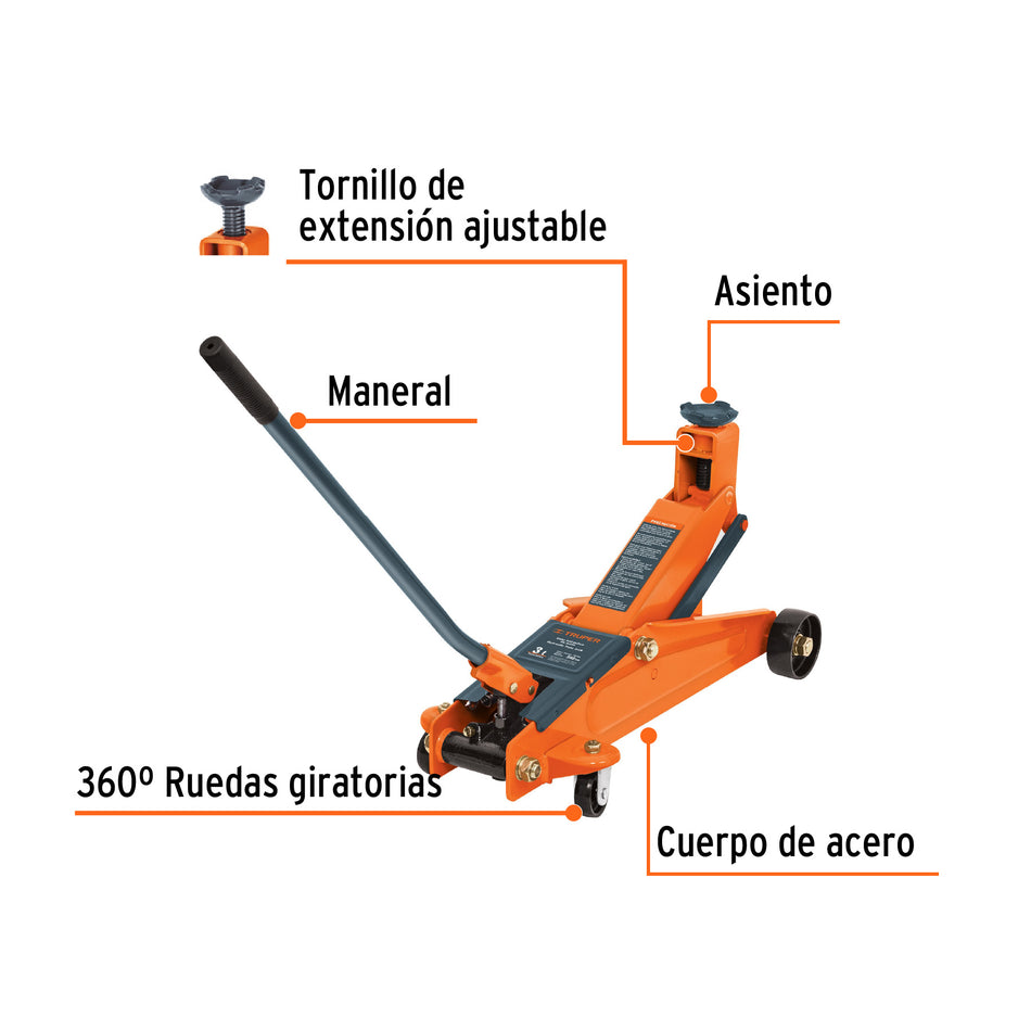 Gato hidráulico de patín 3t, 57 movimientos, maletín, Truper, 14947