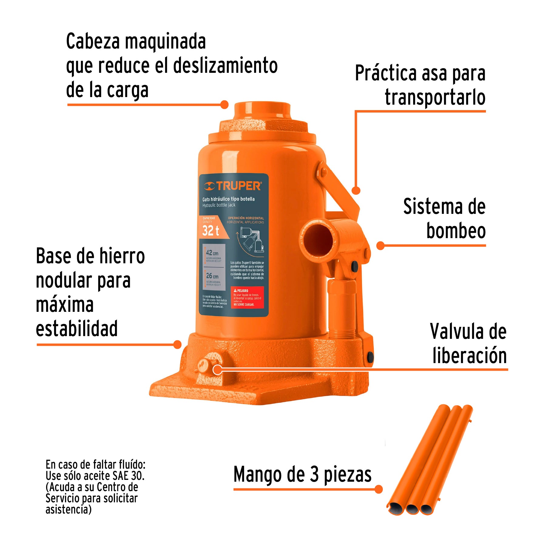 Gato hidráulico de botella de 32 Ton, Truper, 14819