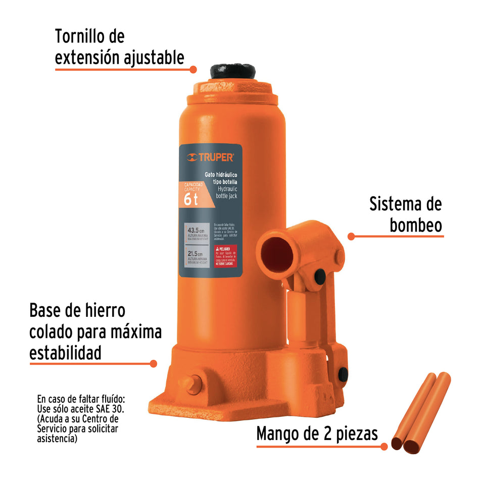 Gato hidráulico de botella de 6 Ton, Truper, 14814