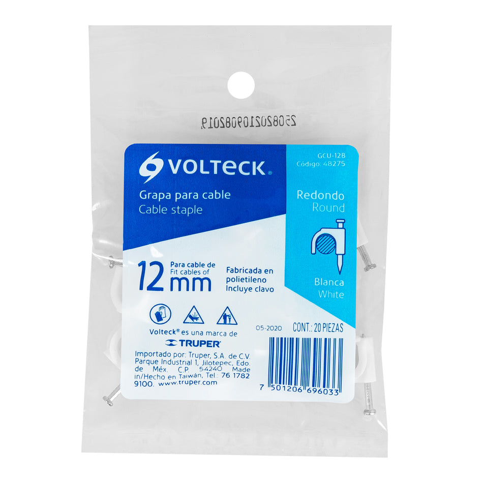Bolsa con 20 grapas blancas de 12 mm para cable redondo Caja con 20, 48275