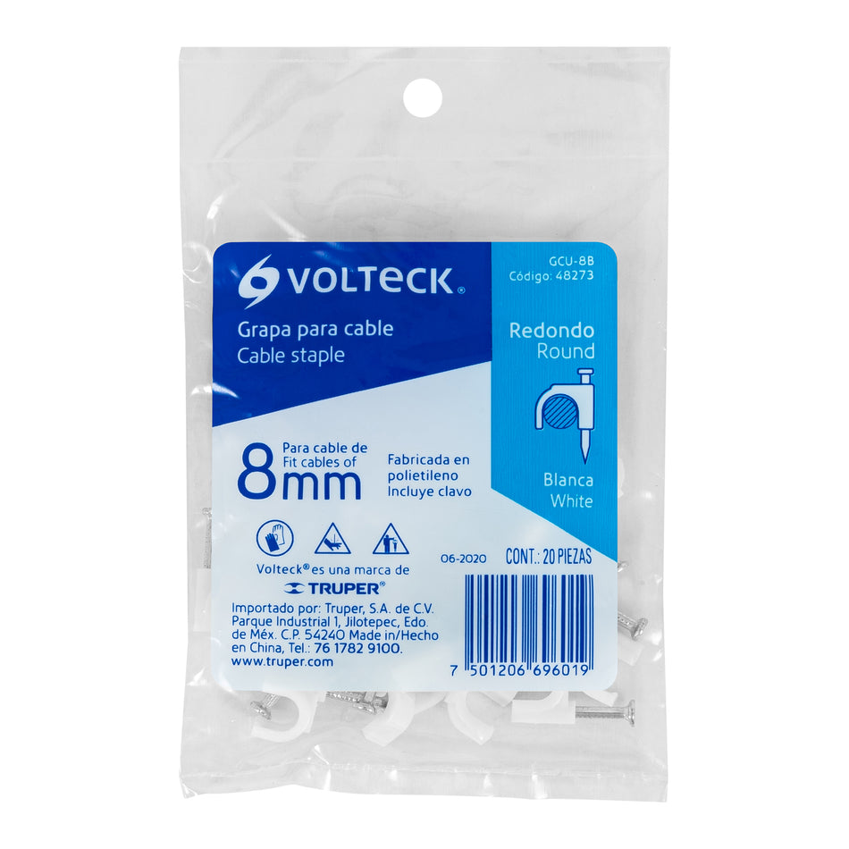 Bolsa con 20 grapas blancas de 8 mm para cable redondo Caja con 20, 48273