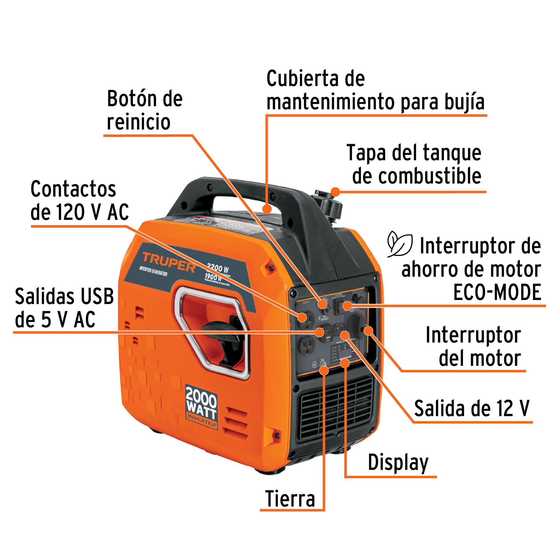 Generador silencioso inverter 2200W, 80 cc, encendido manual, 103278