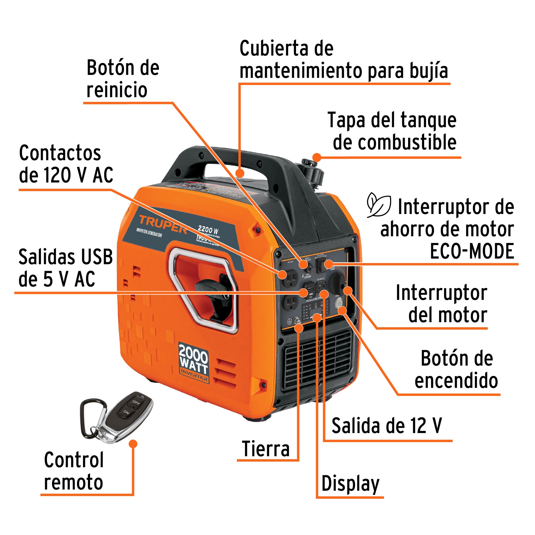 Generador silencioso inverter 2200W, 80 cc, enc. electrónico, 103279