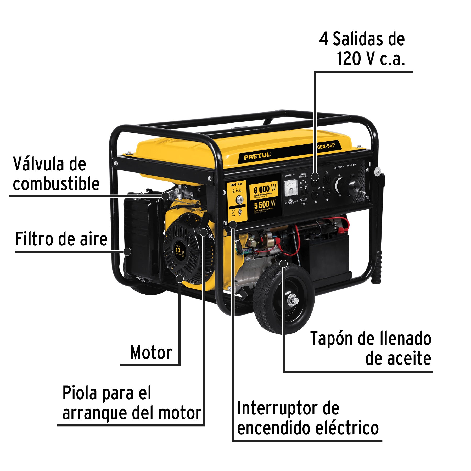 Generador portátil 6.6 kW motor a gasolina, Pretul, 26035