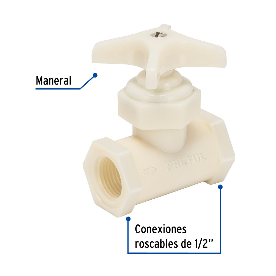 Válvula globo de ABS 1/2' roscable, Pretul Caja con 20, 20665