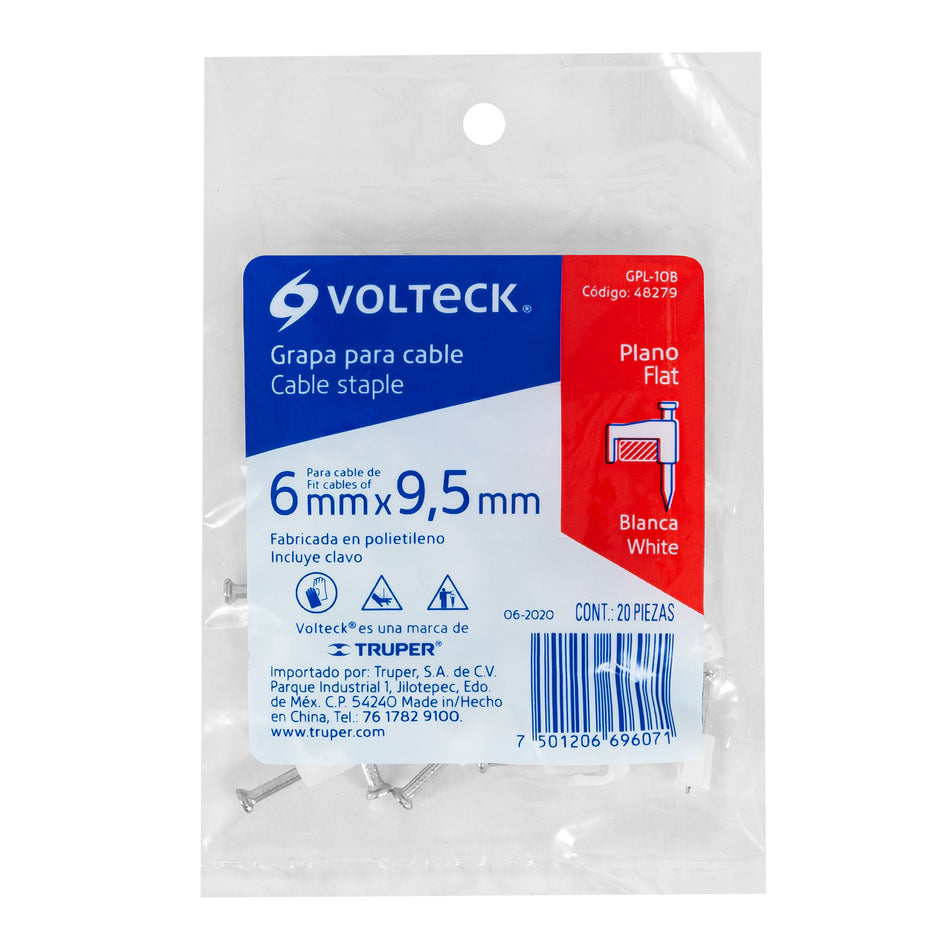 Bolsa con 20 grapas blancas de 6 x 9.5 mm para cable plano Caja con 20, 48279