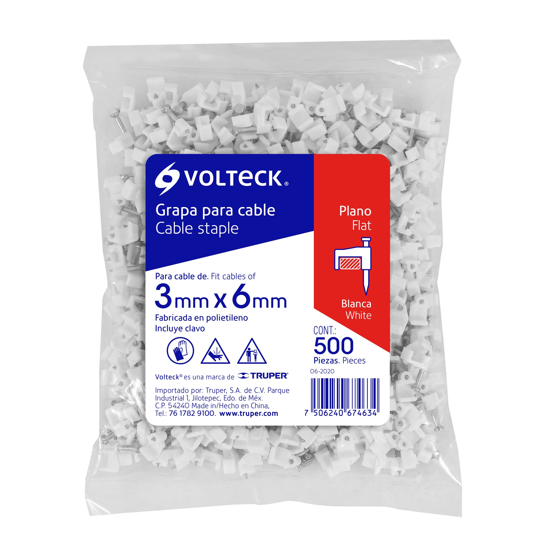 Bolsa con 500 grapas blancas de 3 X 6 mm para cable plano, 43044