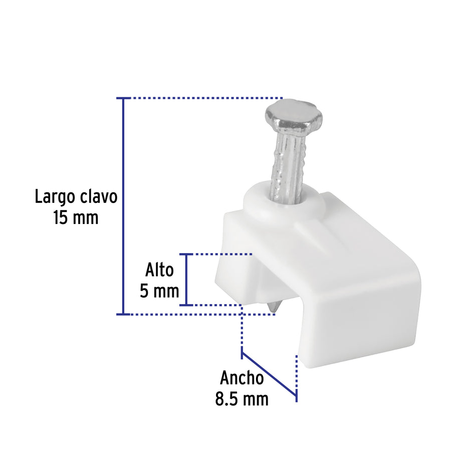 Bolsa con 500 grapas blancas de 5 X 8.5 mm para cable plano, 43045