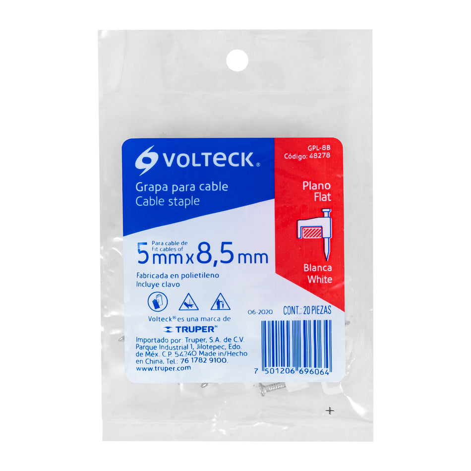 Bolsa con 20 grapas blancas de 3 x 6 mm para cable plano Caja con 10, 48277