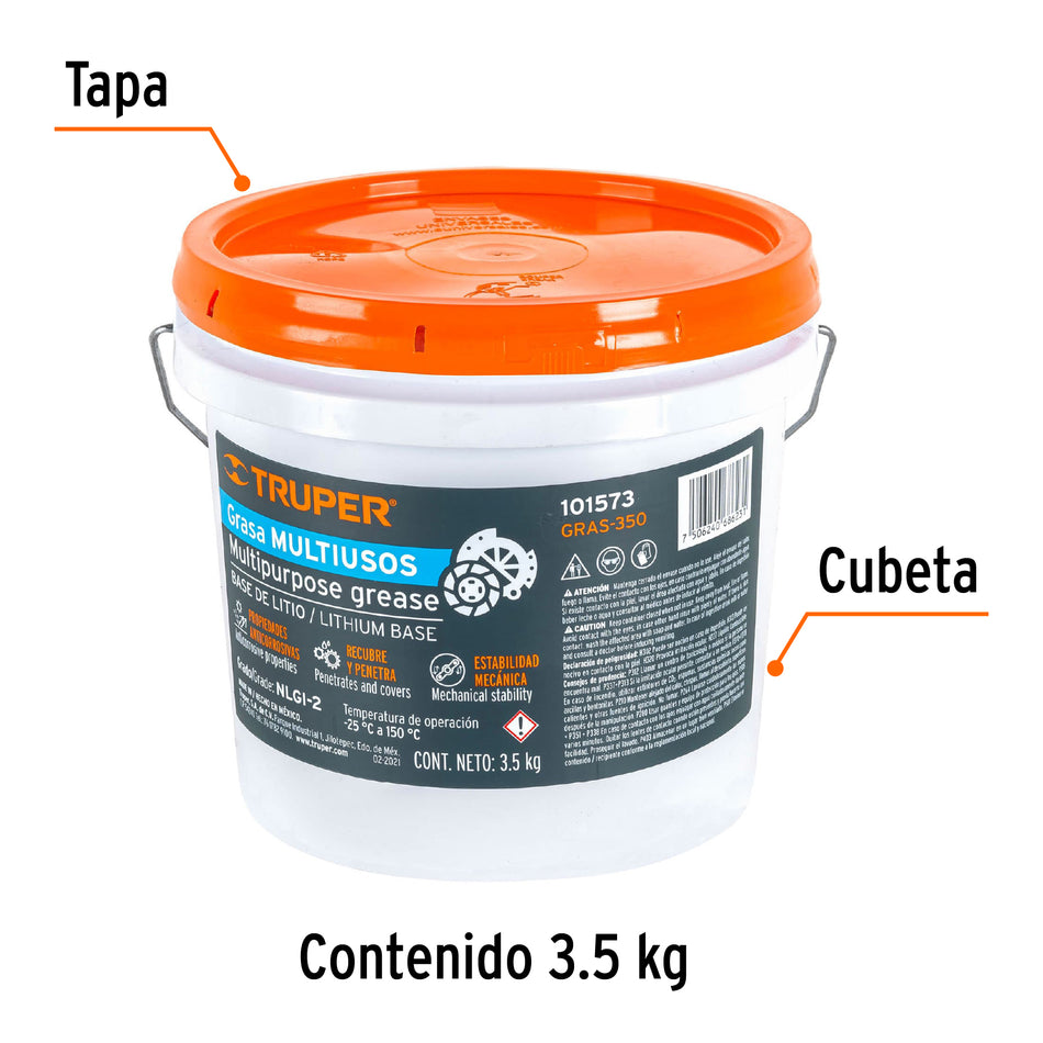 Grasa lubricante multiusos, base litio, 3.5 kg, Truper, 101573