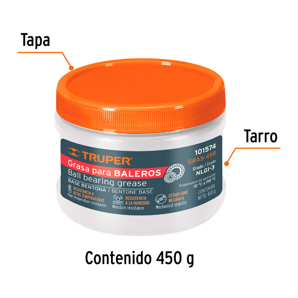 Grasa automotriz, base bentona, 450 g, Truper Caja con 4, 101574