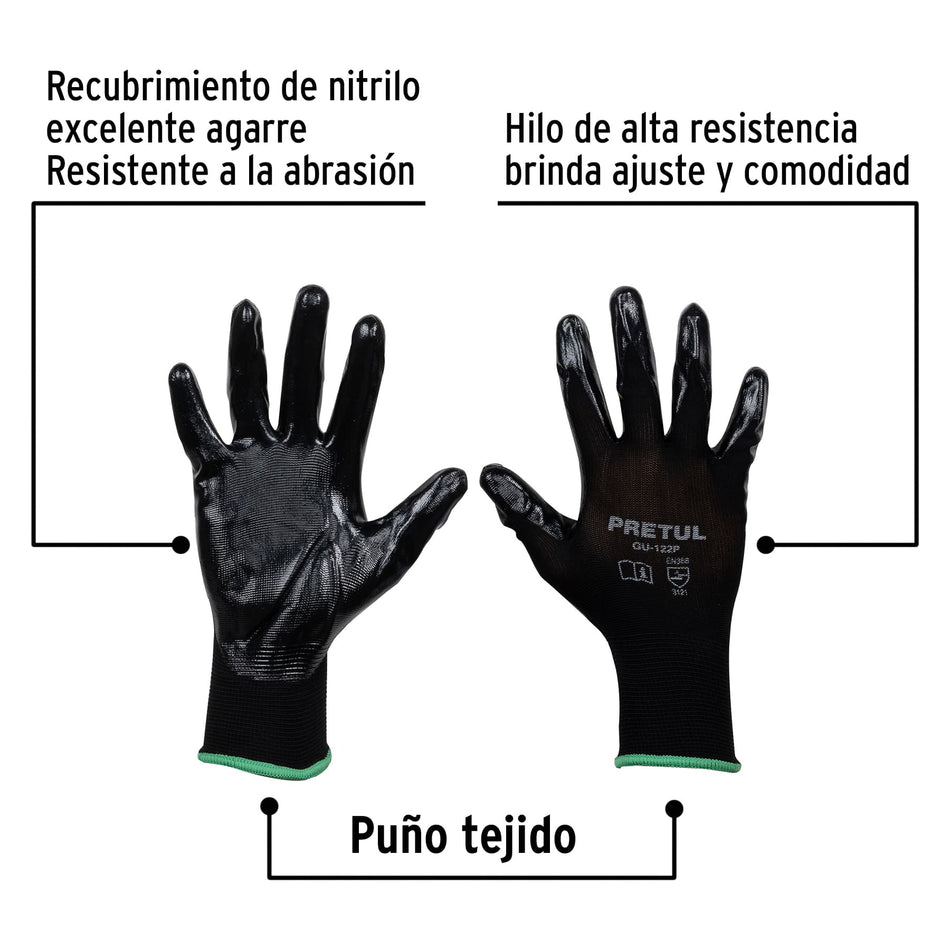 Guantes de nylon recubiertos de nitrilo, M, PRETUL Caja con 12, 20027
