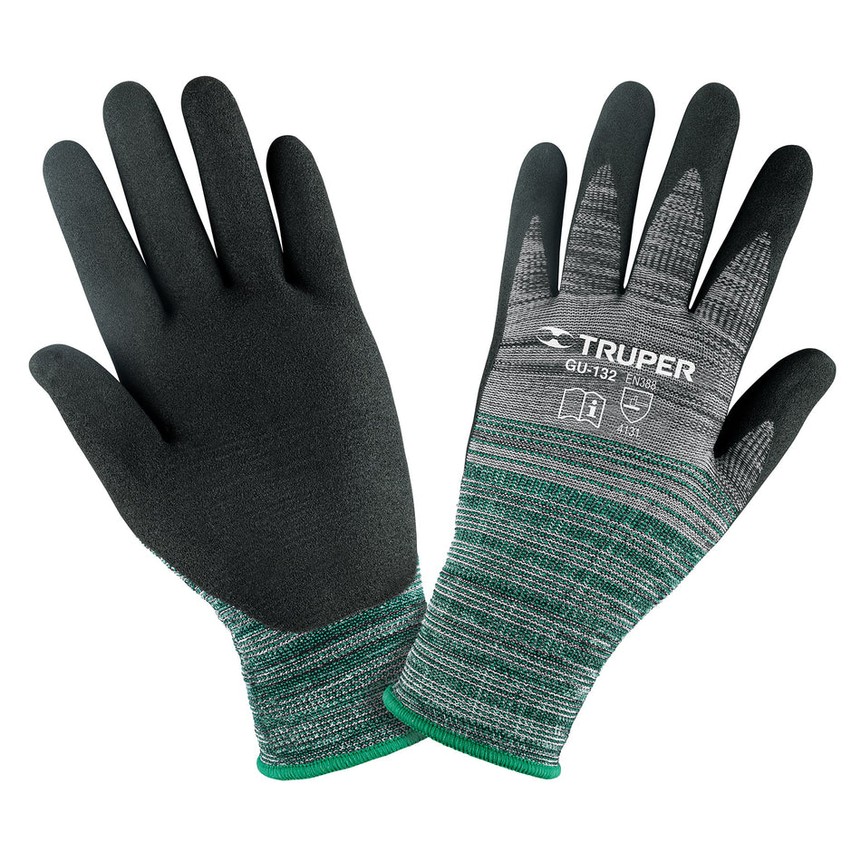 Guantes de nylon recubiertos de nitrilo arenoso, M, TRUPER Caja con 6, 17064
