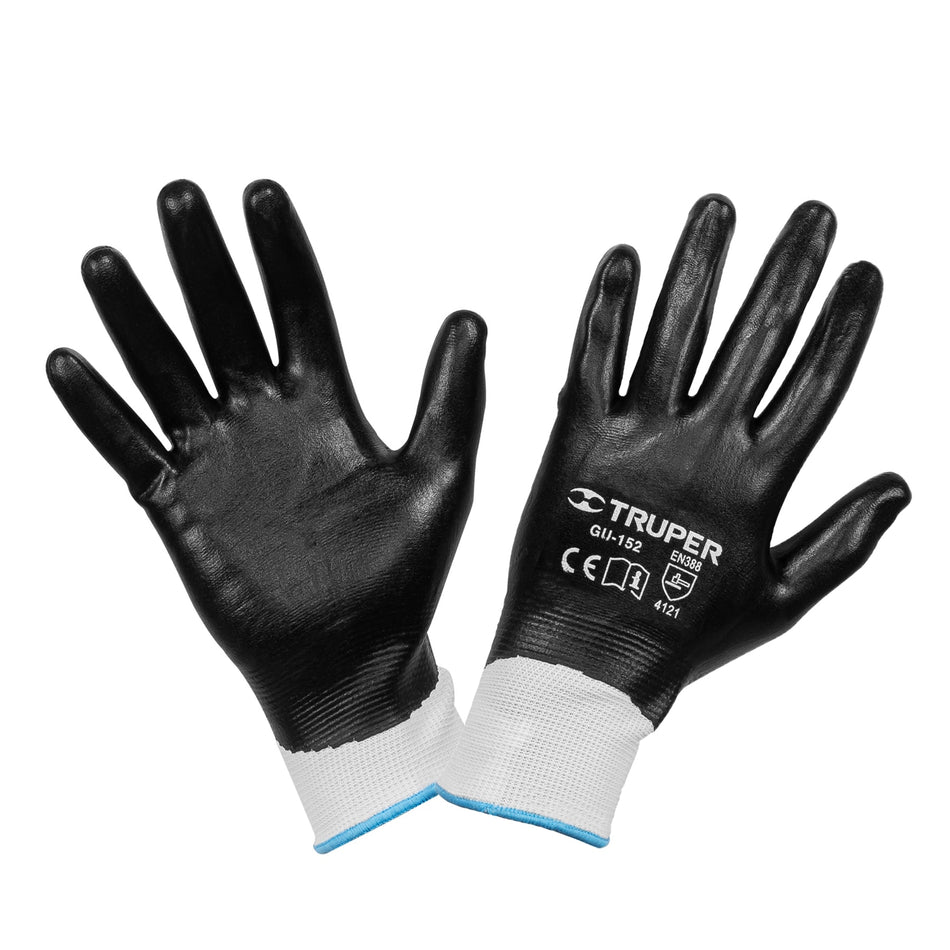 Guantes de poliéster recubiertos de nitrilo, M, TRUPER Caja con 6, 18026