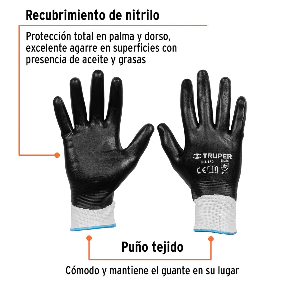 Guantes de poliéster recubiertos de nitrilo, M, TRUPER Caja con 6, 18026