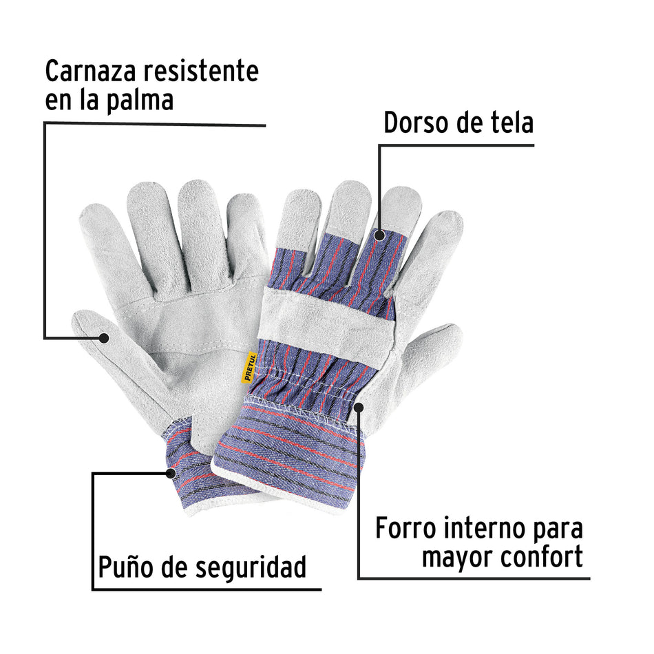Guantes de carnaza y loneta, unitalla, PRETUL Caja con 6, 29976