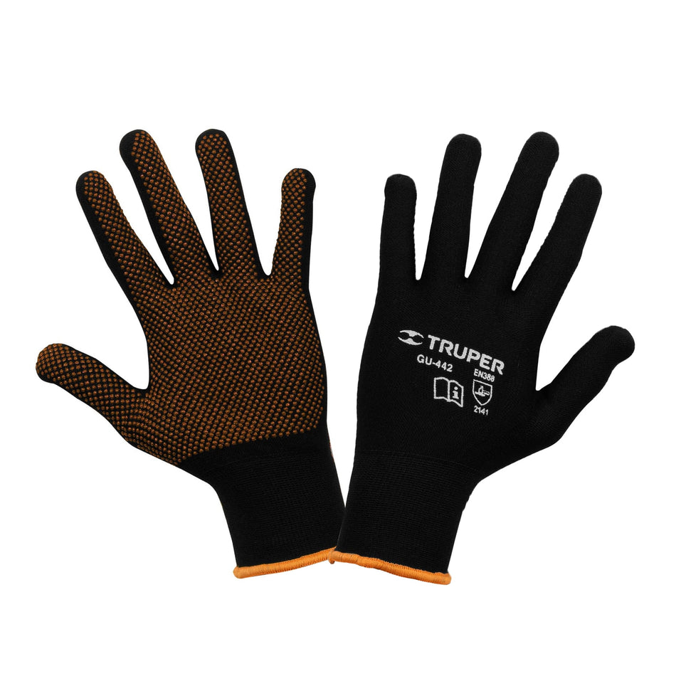 Guantes de poliéster con puntos de PVC en palma, M, TRUPER Caja con 6, 12651