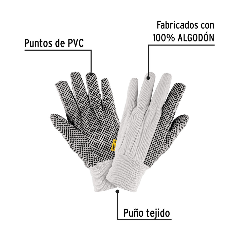 Guantes de algodón con puntos PVC en palma, unitalla, PRETUL Caja con 6, 20330