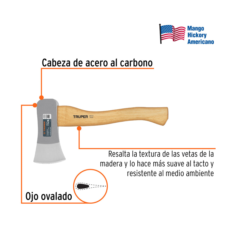 Hacha cazadora 1-3/4 lb, mango hickory 15', Truper Caja con 4, 11709