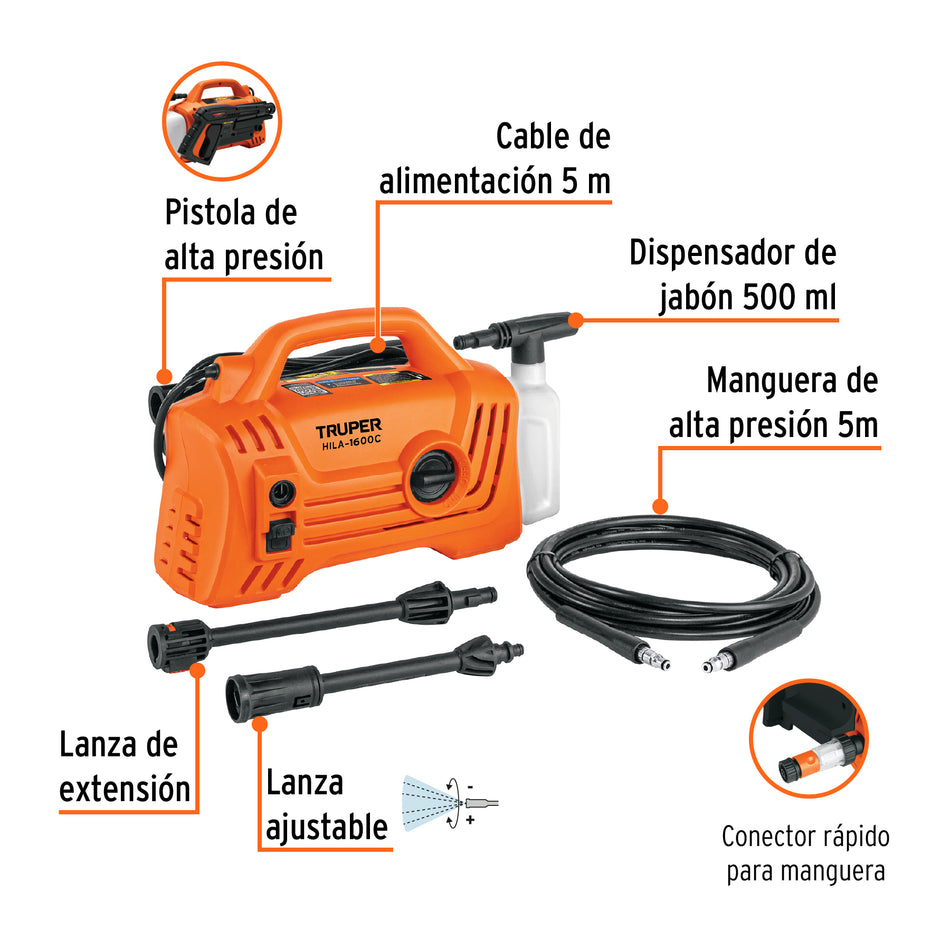 Hidrolavadora eléctrica compacta 1600 PSI, Truper, 102795