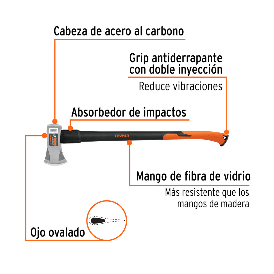 Hacha Michigan 4 lb, mango fibra de vidrio 34', Truper Caja con 2, 11133