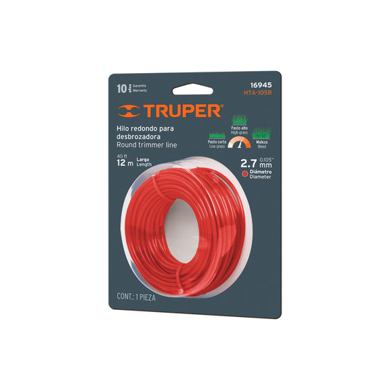 Hilo redondo, para desbrozadora, 2.7mm x12m, tarjeta, TRUPER Caja con 6, 16945