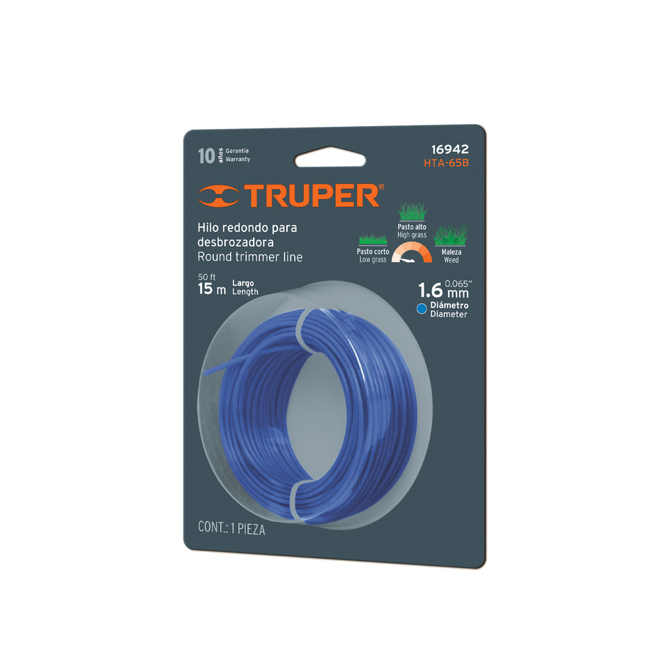 Hilo redondo, para desbrozadora, 1.6mm x 15m, tarjeta,TRUPER Caja con 6, 16942