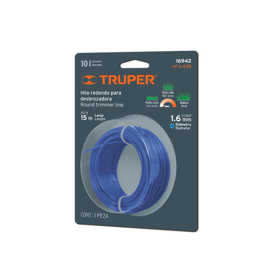 Hilo redondo, para desbrozadora, 1.6mm x 15m, tarjeta,TRUPER Caja con 6, 16942