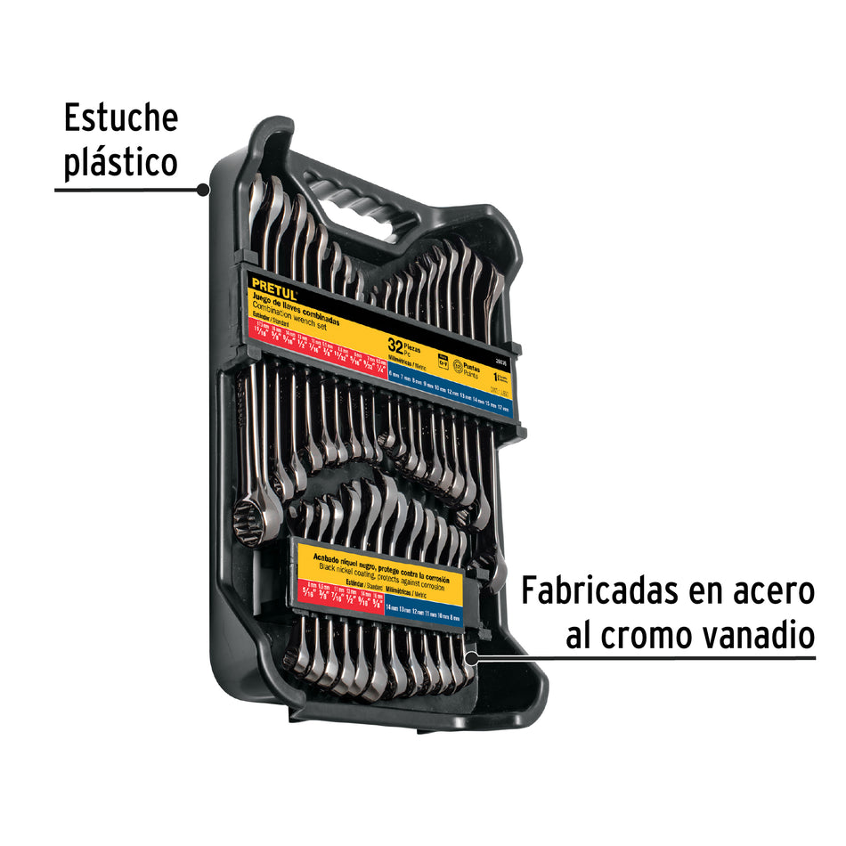 Juego de 32 llaves combinadas std y mm, gun metal, Pretul, 26076