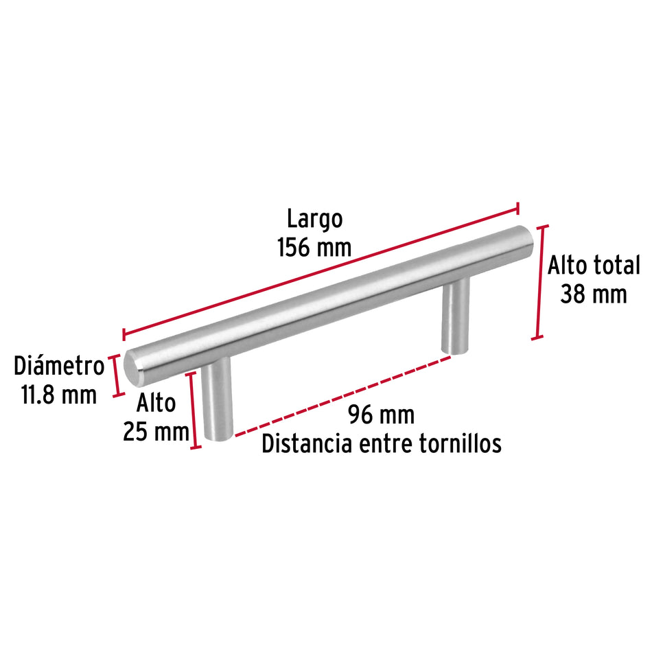 Jaladera de acero, 96 mm estilo 'Cilindro', níquel satinado Caja con 12, 43828