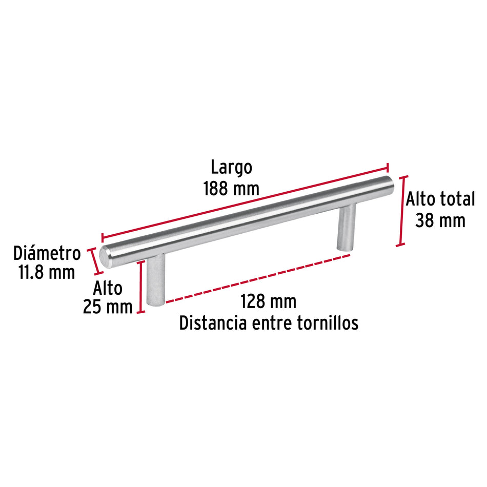 Jaladera de acero, 128 mm estilo 'Cilindro', níquel satinado Caja con 12, 43827