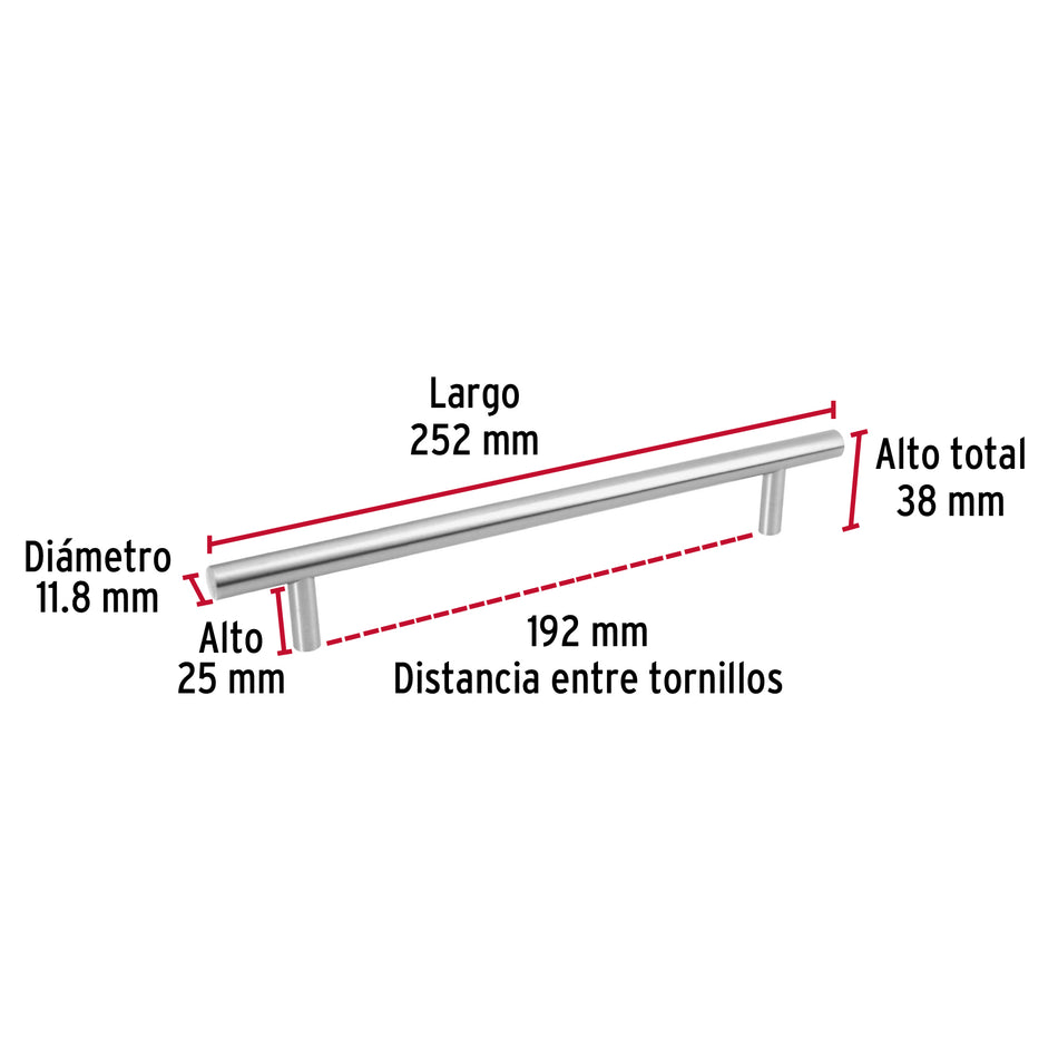 Jaladera de acero 192 mm, estilo 'Cilindro', níquel satinado Caja con 12, 43871