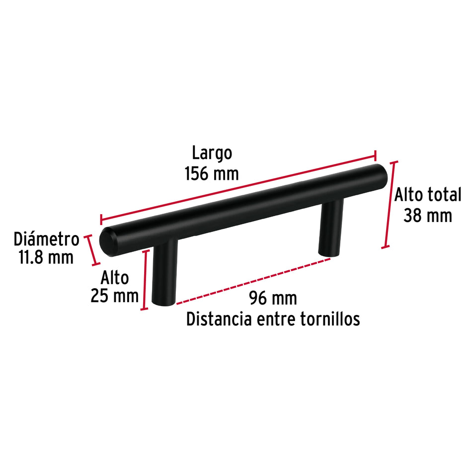 Jaladera de acero 96 mm, estilo 'Cilindro', negro, Hermex Caja con 12, 49731