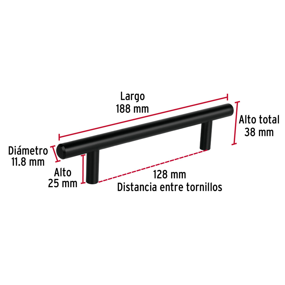 Jaladera de acero 128 mm, estilo 'Cilindro', negro, Hermex Caja con 12, 49732