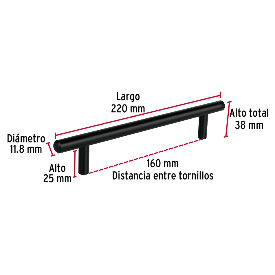 Jaladera de acero 160 mm, estilo 'Cilindro', negro, Hermex Caja con 12, 49733