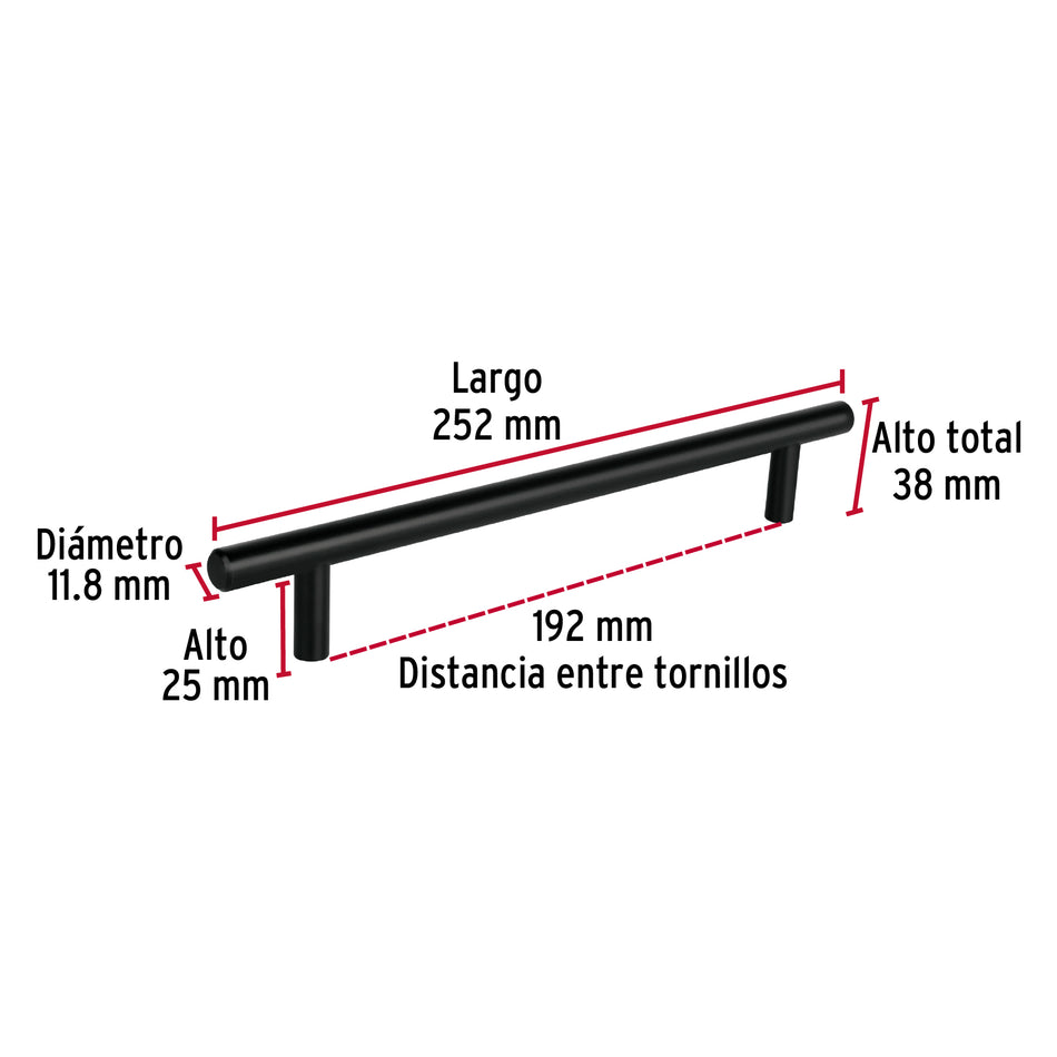 Jaladera de acero 192 mm, estilo 'Cilindro', negro, Hermex Caja con 12, 49734