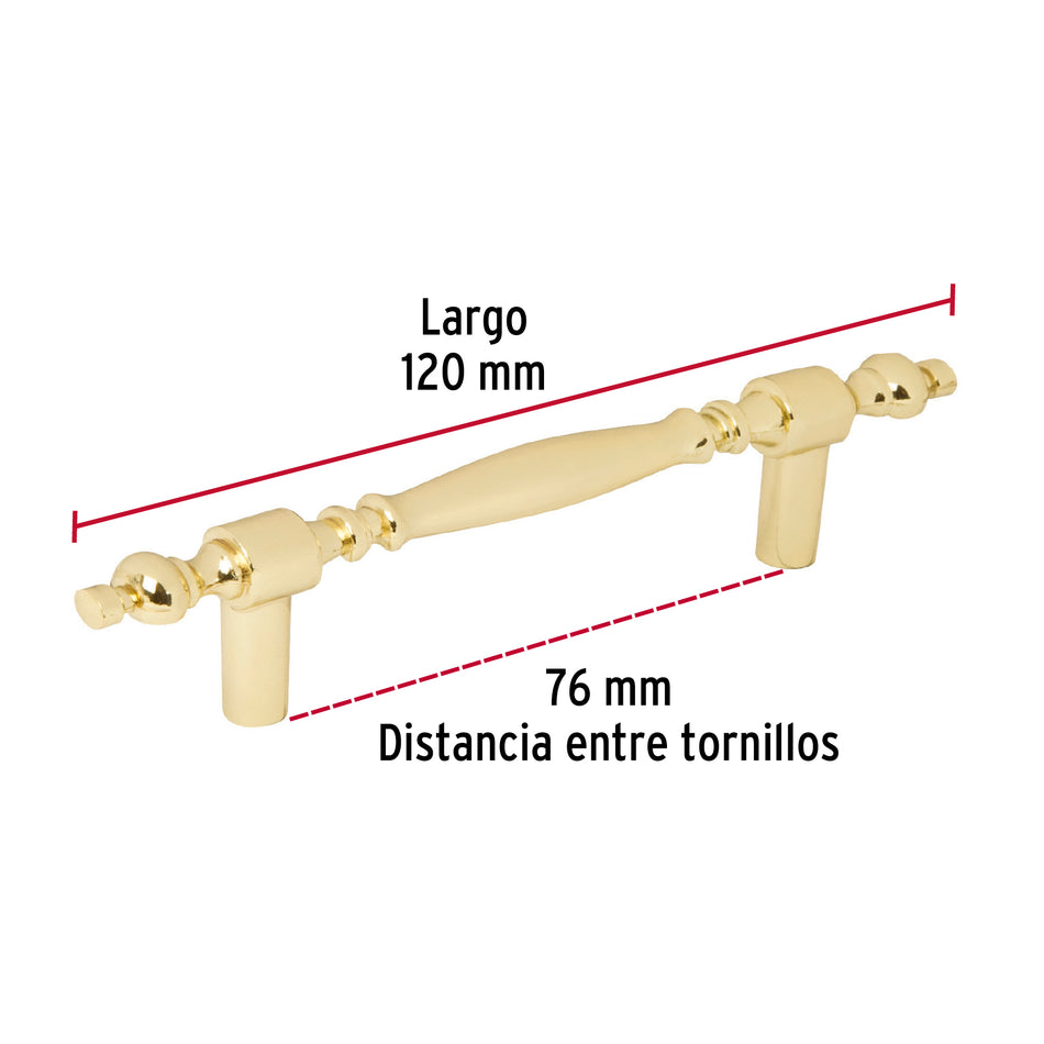 Jaladera metálica de 76mm estilo 'Colonial', latón brillante Caja con 12, 43836